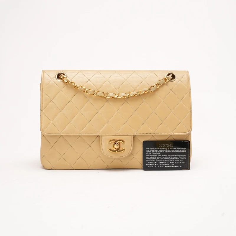 Chanel Vintage Beige Lammleder Medium Classic Double Flap Bag 1988