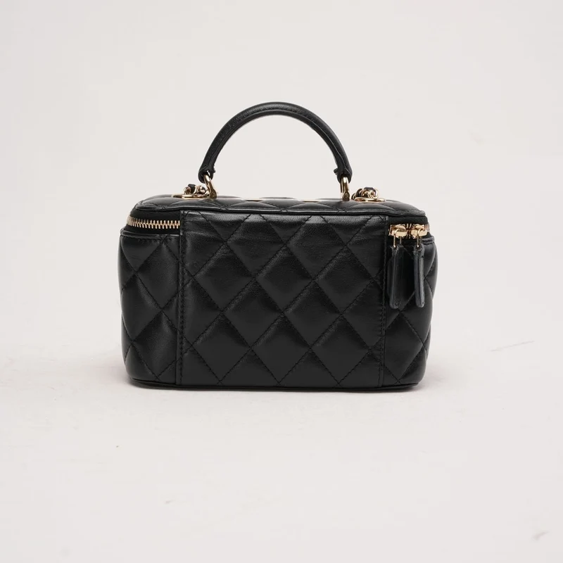Chanel Classic Long Vanity Case aus schwarzem Lammleder mit Tragegriff