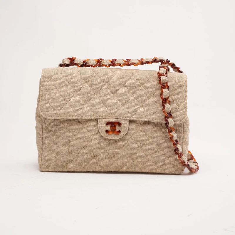 Chanel Vintage Jumbo Classic Single Flap Leinen-Canvas Beige 1997