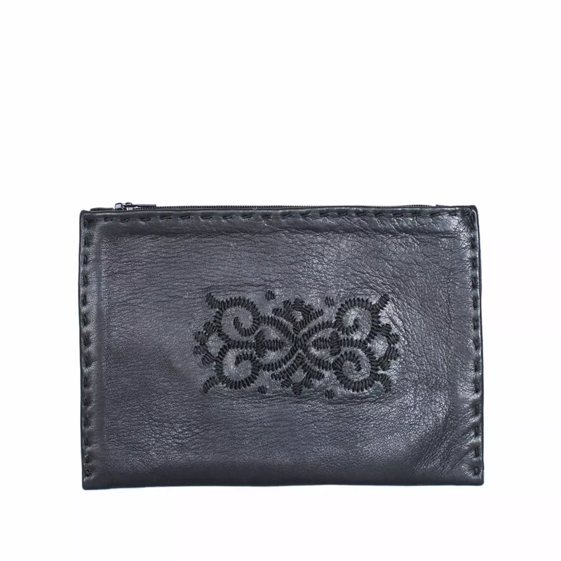 Bestickte Lederpouch mit Reißverschluss