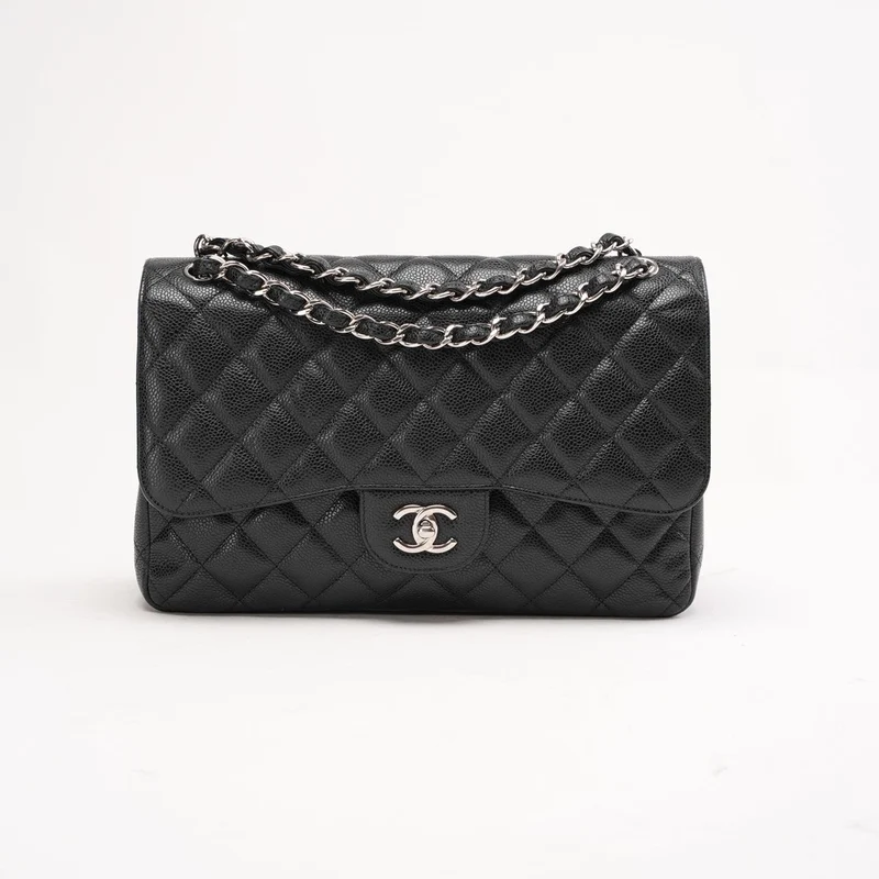 Chanel Schwarze Jumbo-Ledertasche mit doppeltem Überschlag aus Caviar-Leder, Modell 2011