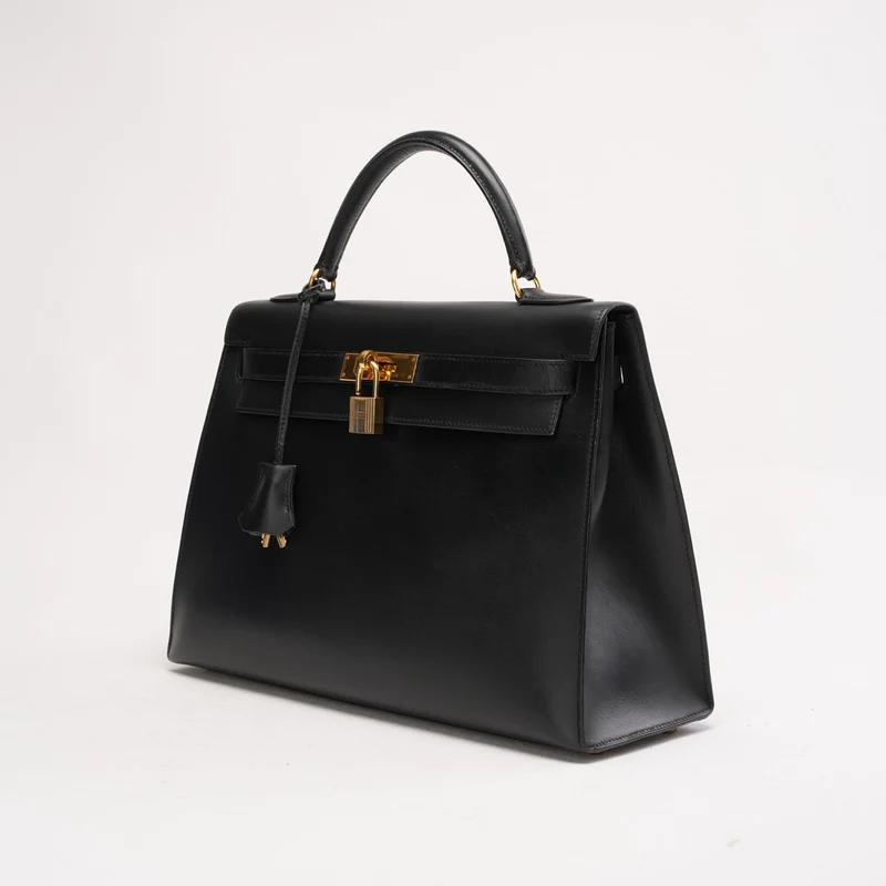 Hermès Vintage Kelly Sellier 32 Box Leder Schwarz W Kreis 1993