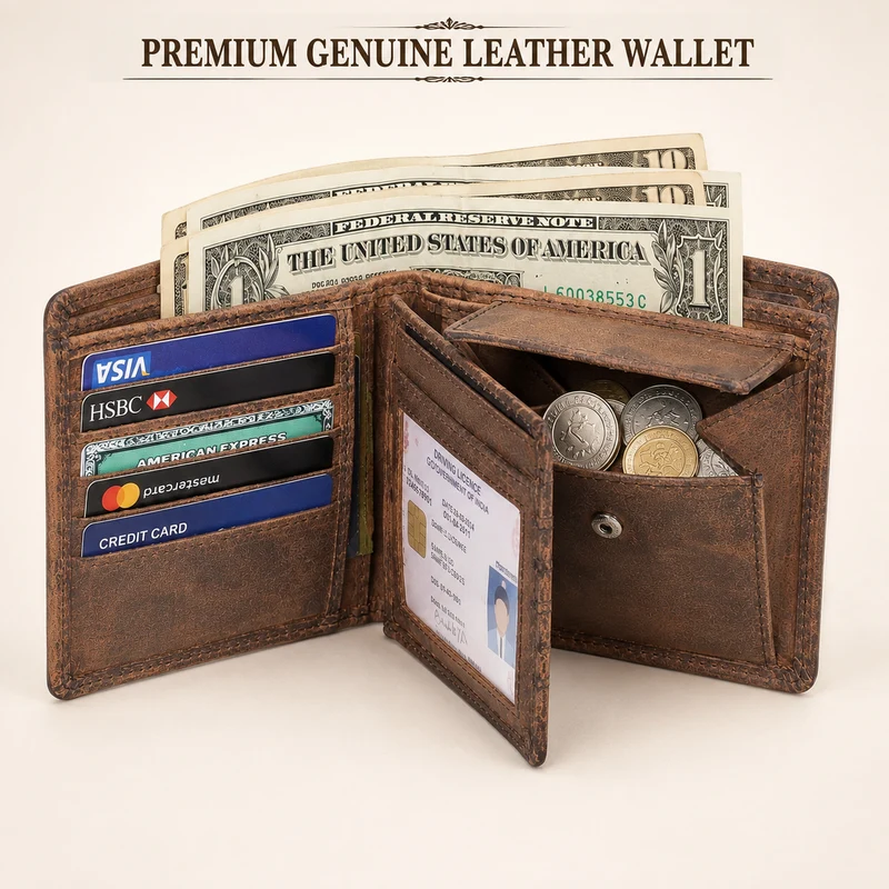 Men's Bifold Leather Wallet - Brown