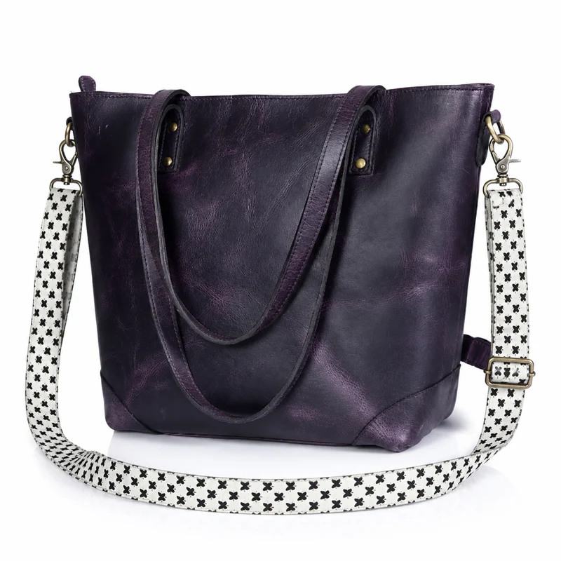 Portland Buffalo Leather Tote Bag Combo - Purple