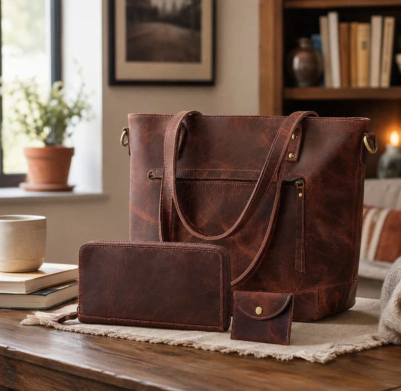 Montana Leather Tote Bag Combo - Burgundy