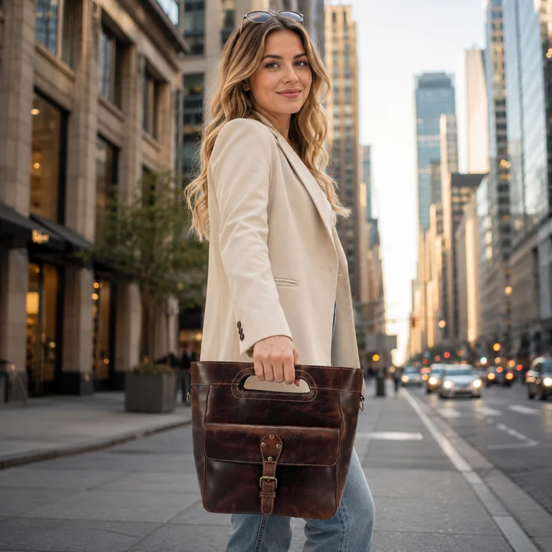 Standing leather tote bag