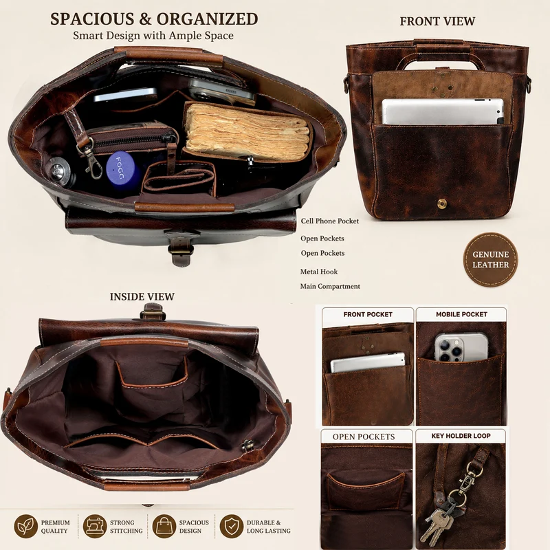 Standing leather tote bag