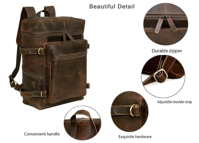 Retro Buffalo Leather Laptop Travel Backpack for Men
