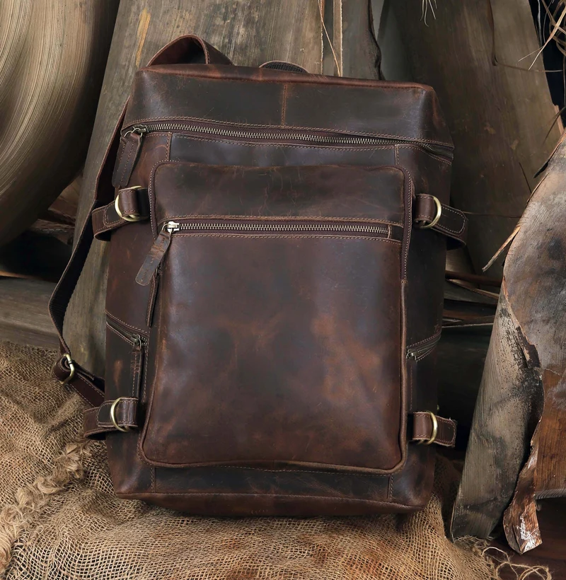 Retro Buffalo Leather Laptop Travel Backpack for Men