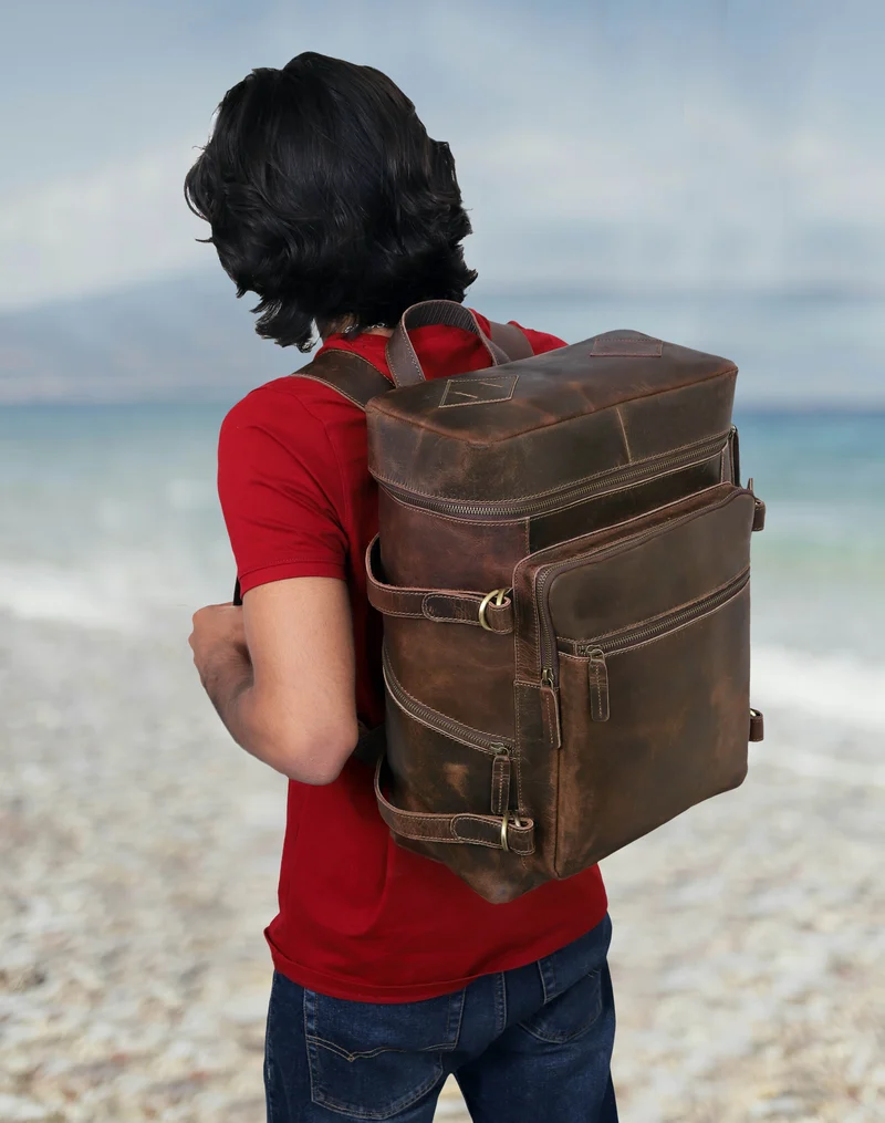 Retro Buffalo Leather Laptop Travel Backpack for Men