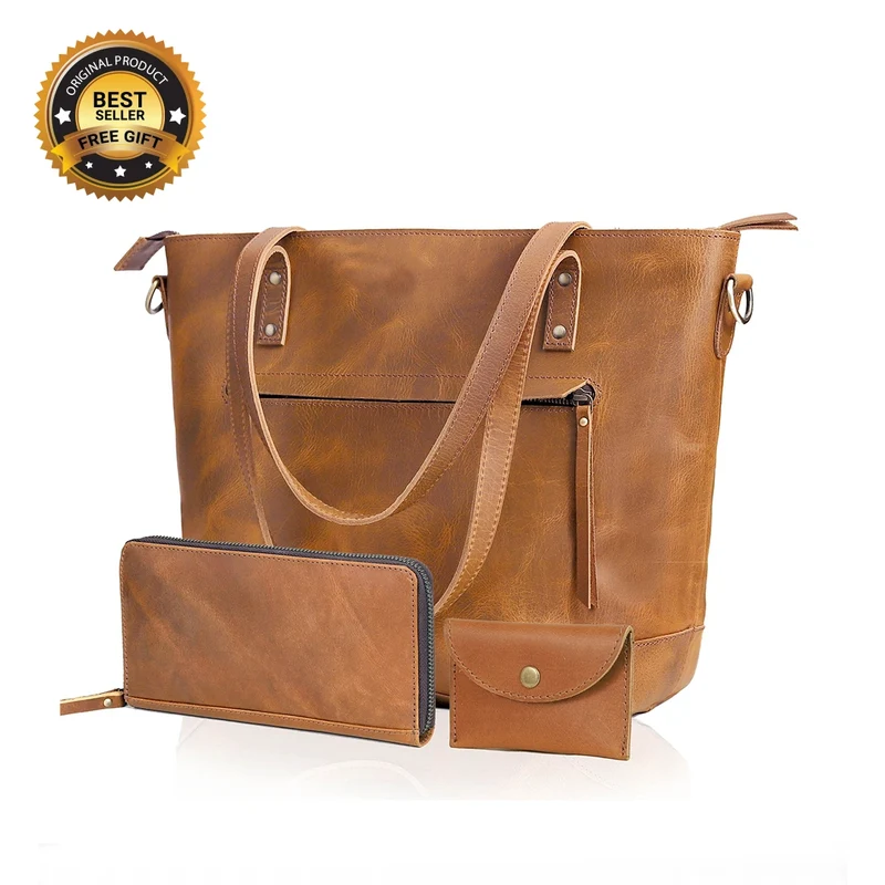 Tan Portland Buffalo Leather Tote Bag Combo Set