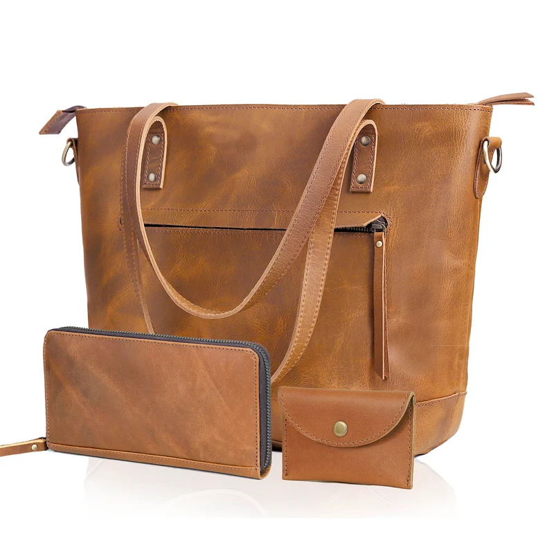 Tan Portland Buffalo Leather Tote Bag Combo Set