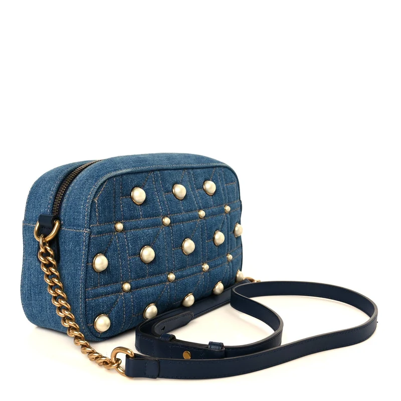 Gucci Denim Matelassé Perlenbesetzte kleine GG Marmont Kette Blau