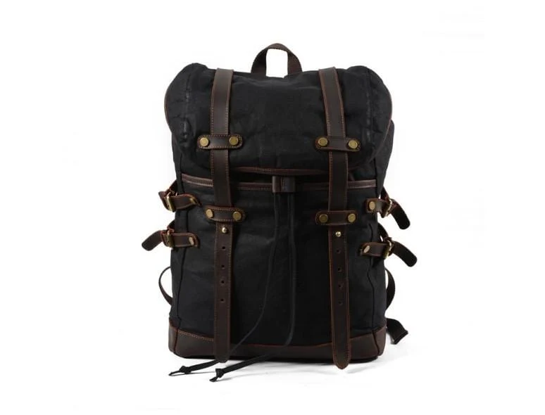 Black Canvas Backpack Purse – Waxed Cotton & Leather Accent
