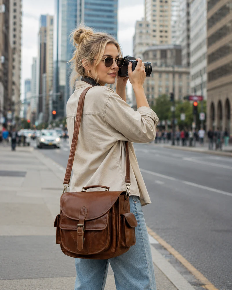 Camera Leather Crossbody Bag - Tan