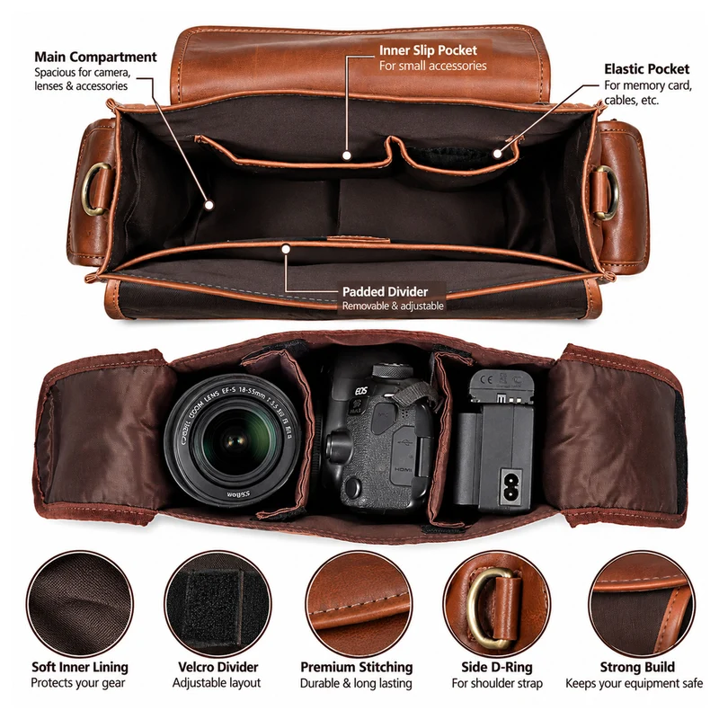 Camera Leather Crossbody Bag - Tan