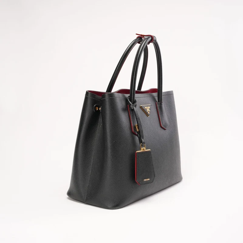 Prada Saffiano Leder Schwarz/Rot Große Doppeltasche Goldbeschläge