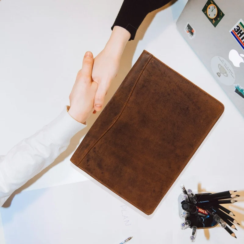 Premium Full-Grain Leather Padfolio with Pockets - Vintage Brown
