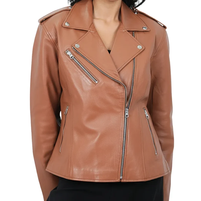 Women's Leather Moto Biker Jacket Coat - Tan