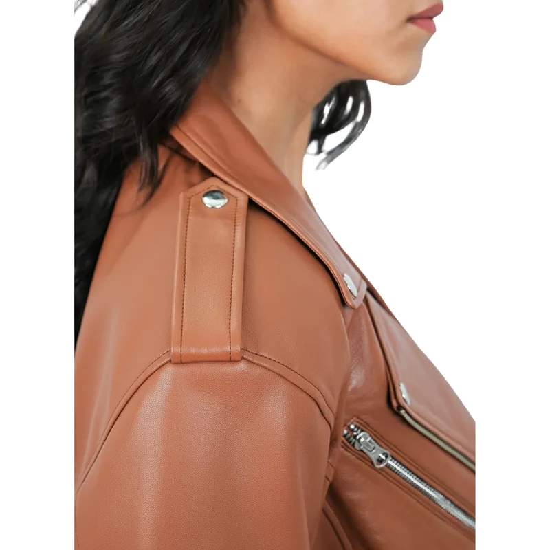 Women's Leather Moto Biker Jacket Coat - Tan
