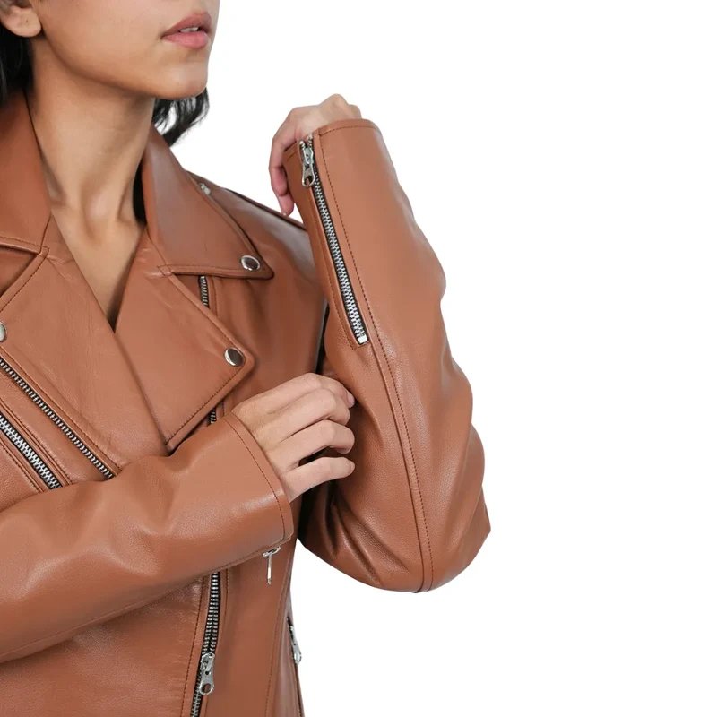 Women's Leather Moto Biker Jacket Coat - Tan