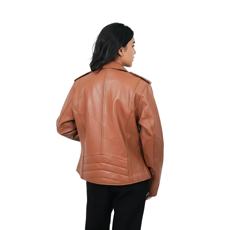 Women's Leather Moto Biker Jacket Coat - Tan