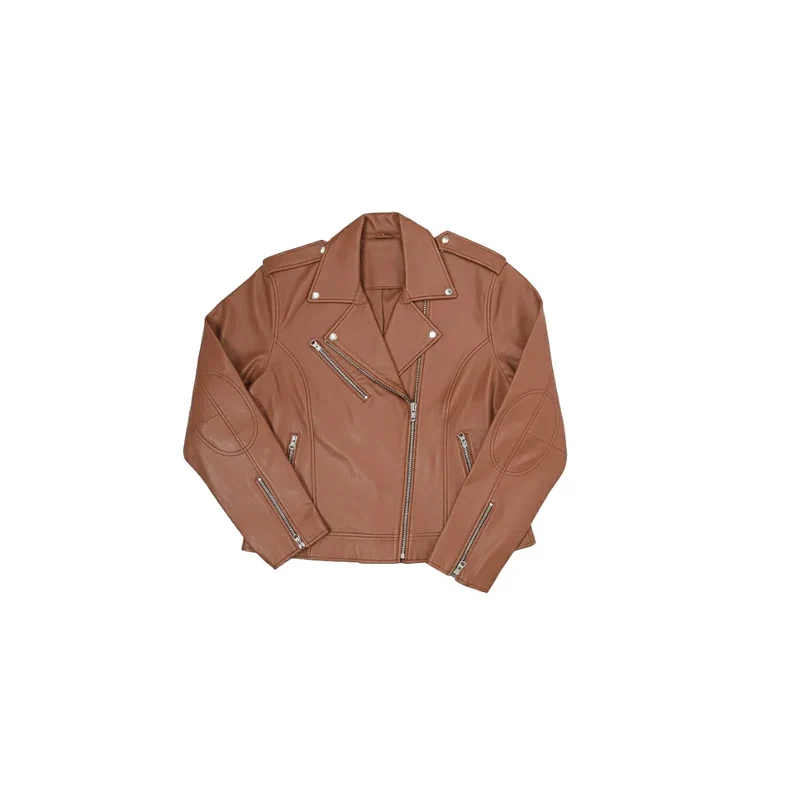 Women's Leather Moto Biker Jacket Coat - Tan