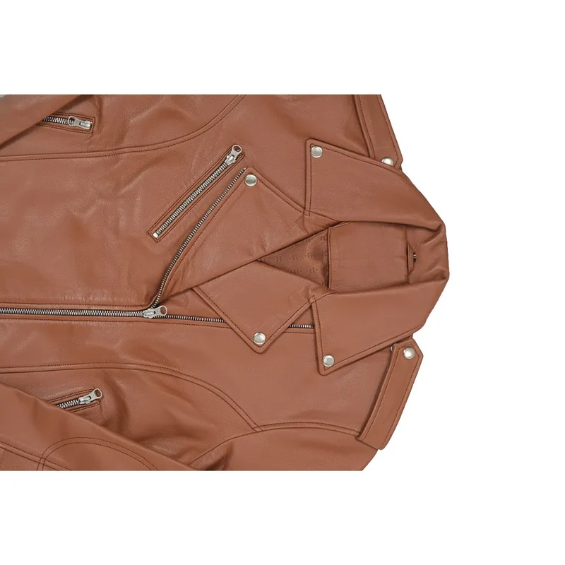 Women's Leather Moto Biker Jacket Coat - Tan