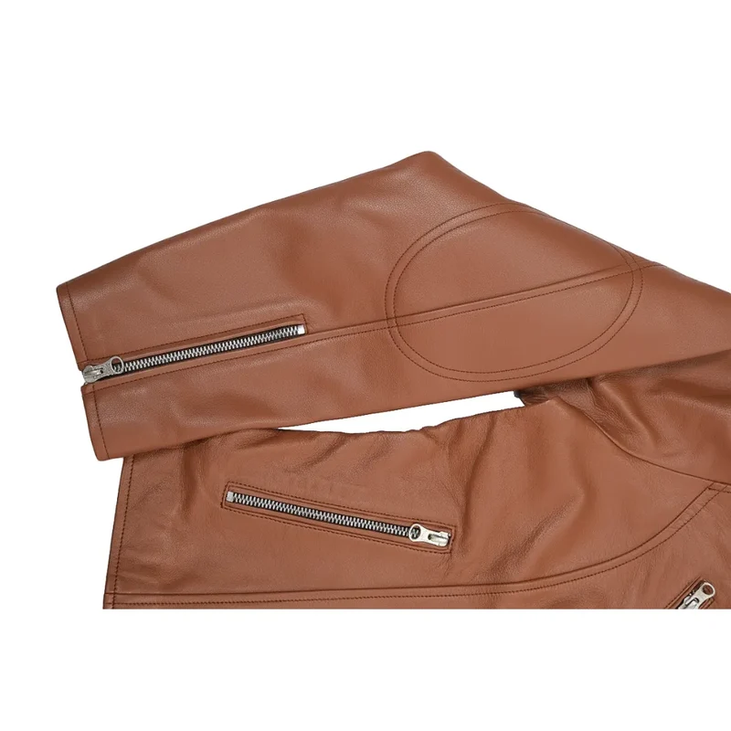 Women's Leather Moto Biker Jacket Coat - Tan