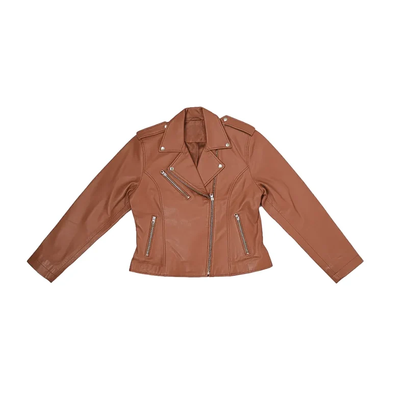 Women's Leather Moto Biker Jacket Coat - Tan