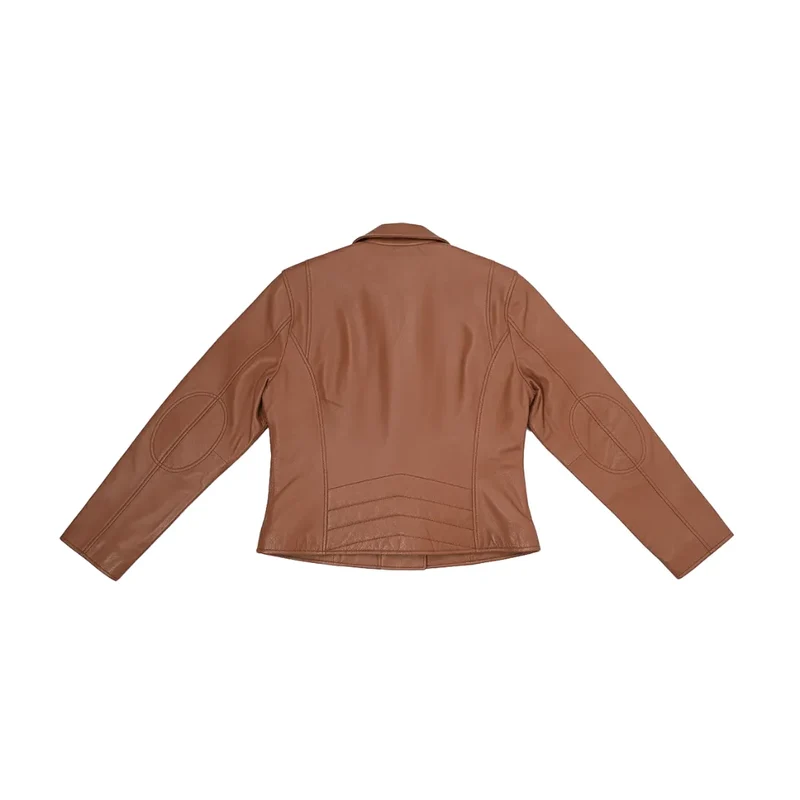 Women's Leather Moto Biker Jacket Coat - Tan