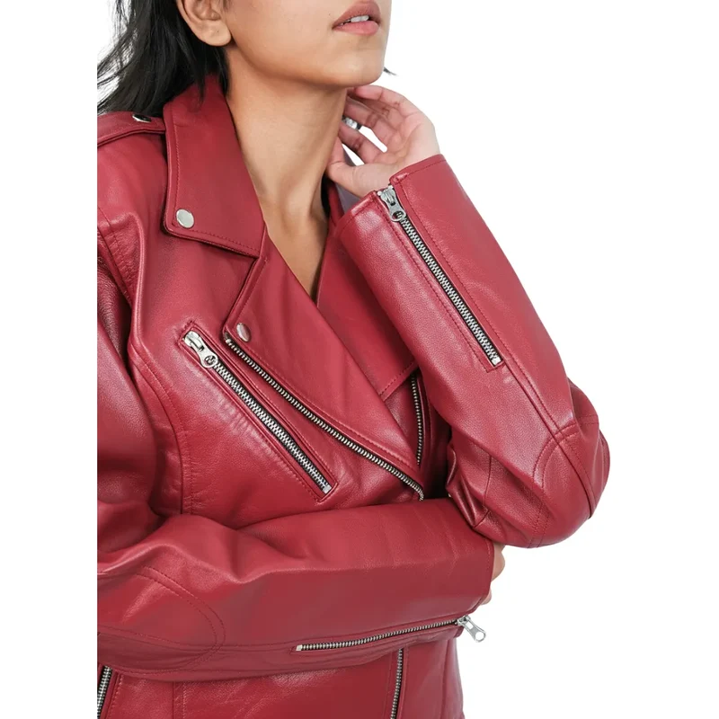 Women's Leather Motorcycle Riding Jacket - Cherry Red