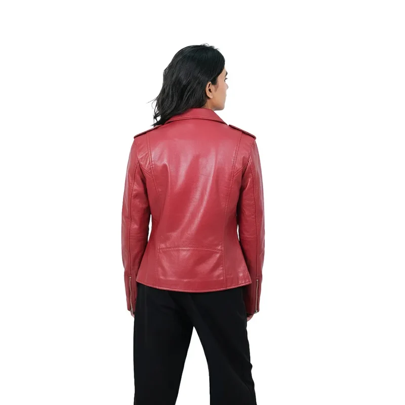 Women's Leather Motorcycle Riding Jacket - Cherry Red