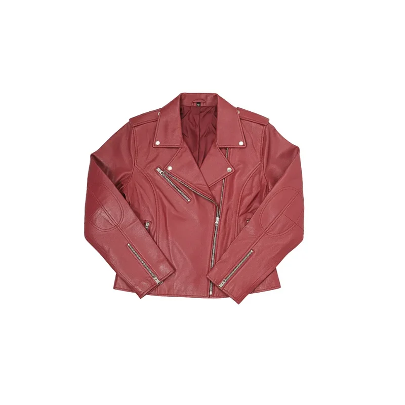 Women's Leather Motorcycle Riding Jacket - Cherry Red