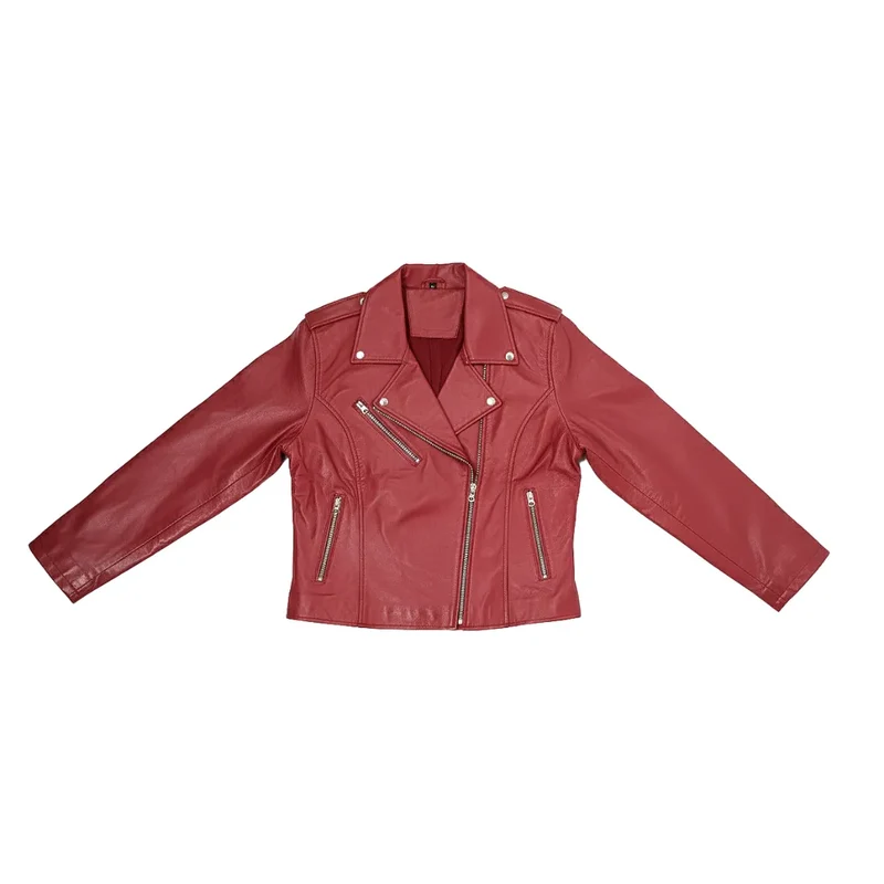 Women's Leather Motorcycle Riding Jacket - Cherry Red