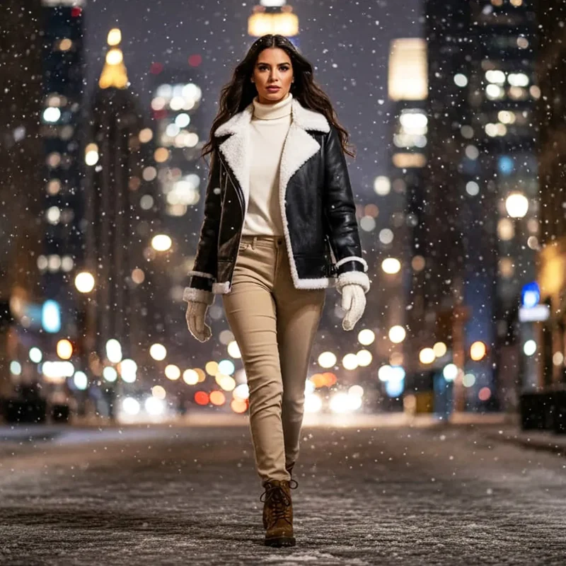 Black Shearling Lined Leather Bomber Jacket Coat for Women