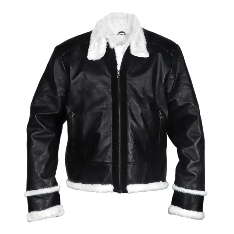 Black Shearling Lined Leather Bomber Jacket Coat for Women