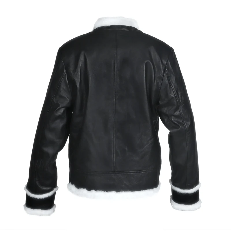 Black Shearling Lined Leather Bomber Jacket Coat for Women