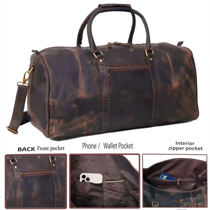 Rustic Leather Duffel Bag - Vintage Brown
