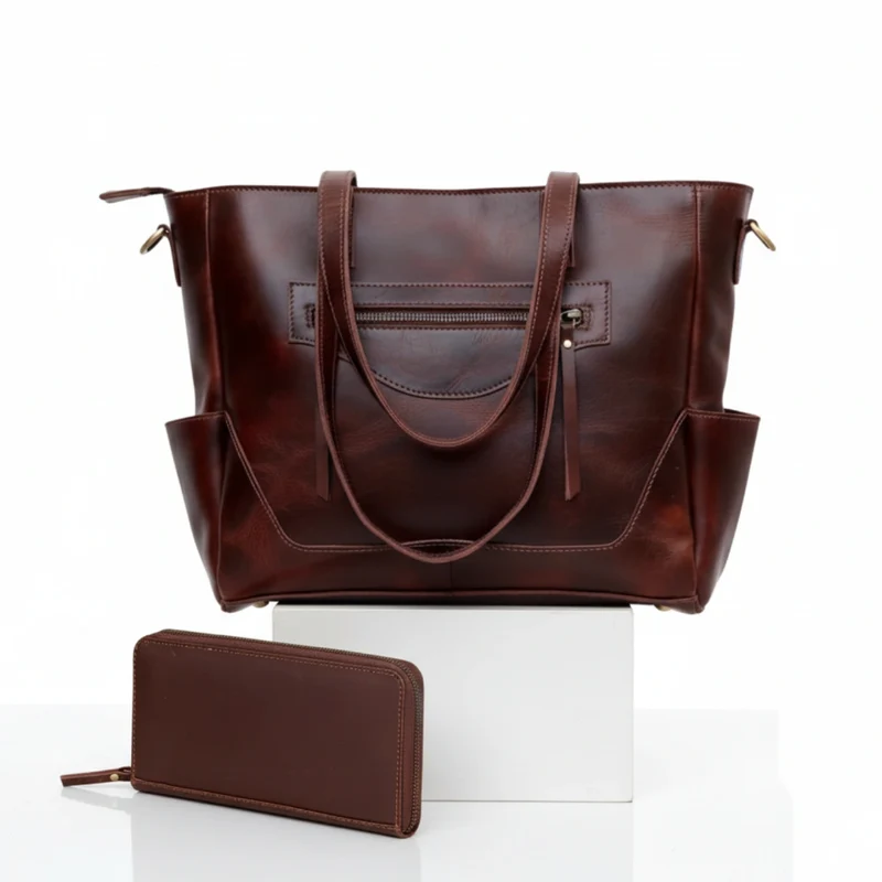 Portland Buffalo Leather Laptop Tote Bag Combo - Burgundy