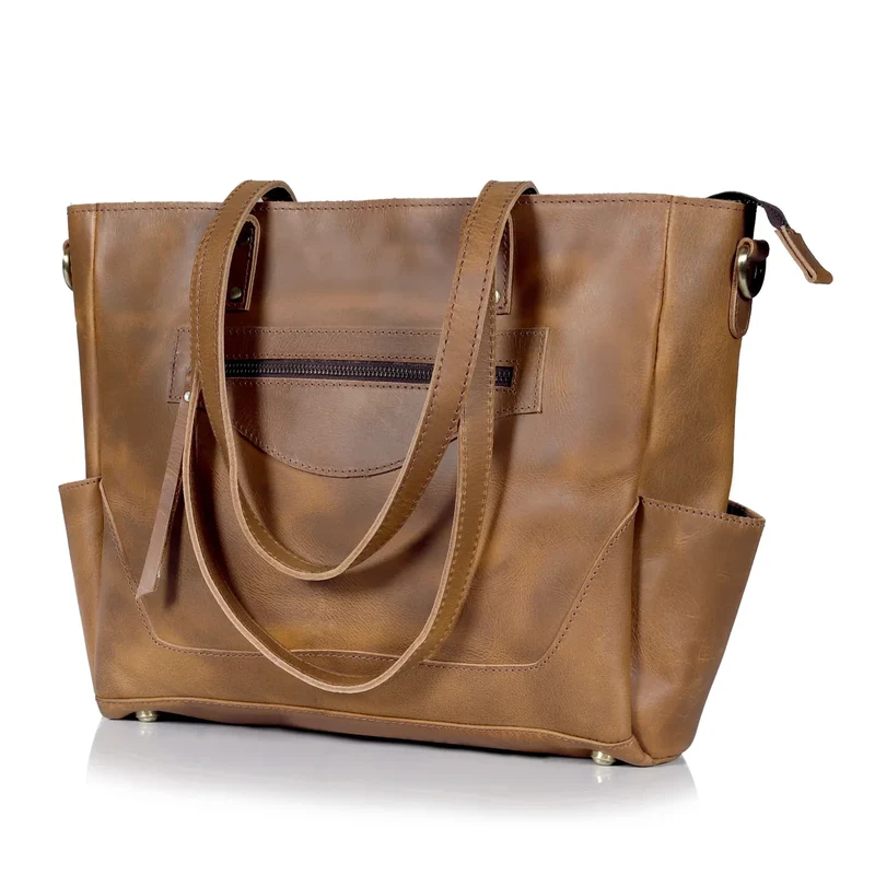 Portland Buffalo Leather Tote Handbag with Zipper - Tan