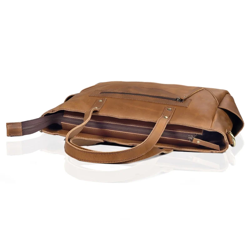 Portland Buffalo Leather Tote Handbag with Zipper - Tan