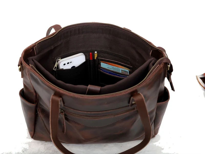 Portland Buffalo Leather Tote Purse Bag with Zipper Combo - Brown