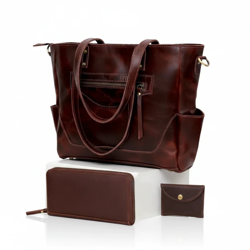 Portland Buffalo Leather Tote Purse Bag with Zipper Combo - Brown
