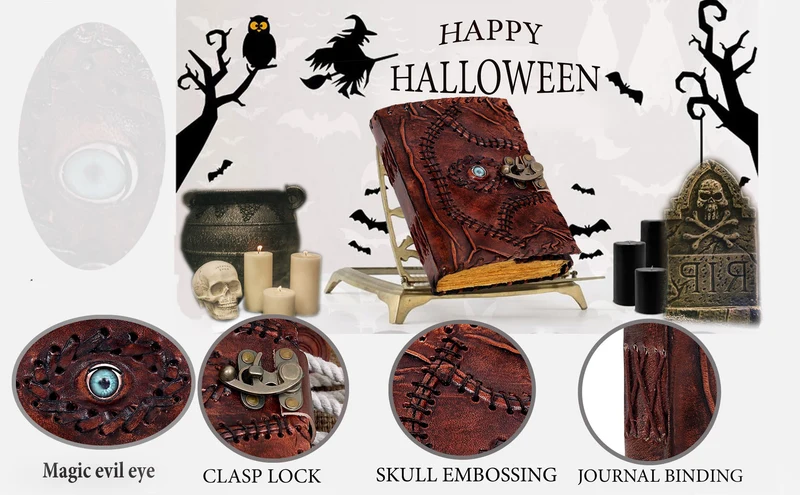 Halloween Special Hocus Pocus Book of Spells Leather Journal Writing Book - Tan