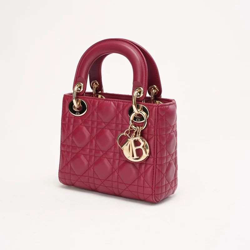 Christian Dior Mini Lady Dior Tasche mit Kette, kirschrotes Lammleder, 2018