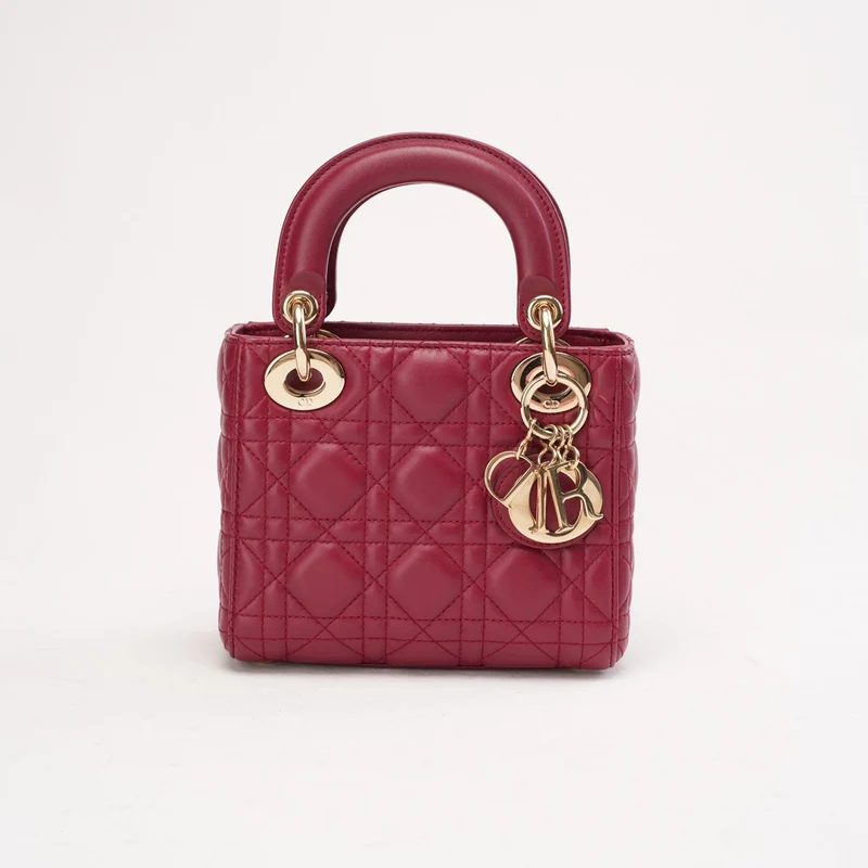 Christian Dior Mini Lady Dior Tasche mit Kette, kirschrotes Lammleder, 2018