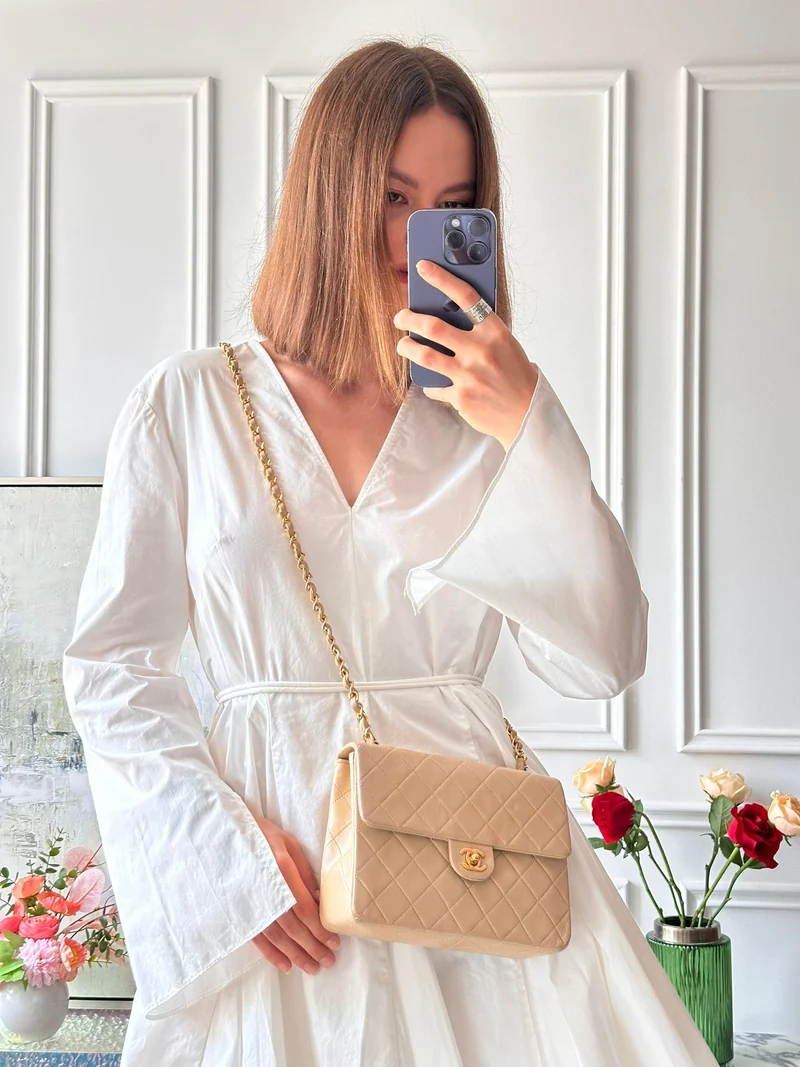 Chanel Vintage Classic Mini Square Bag Beige 24 Karat Gold