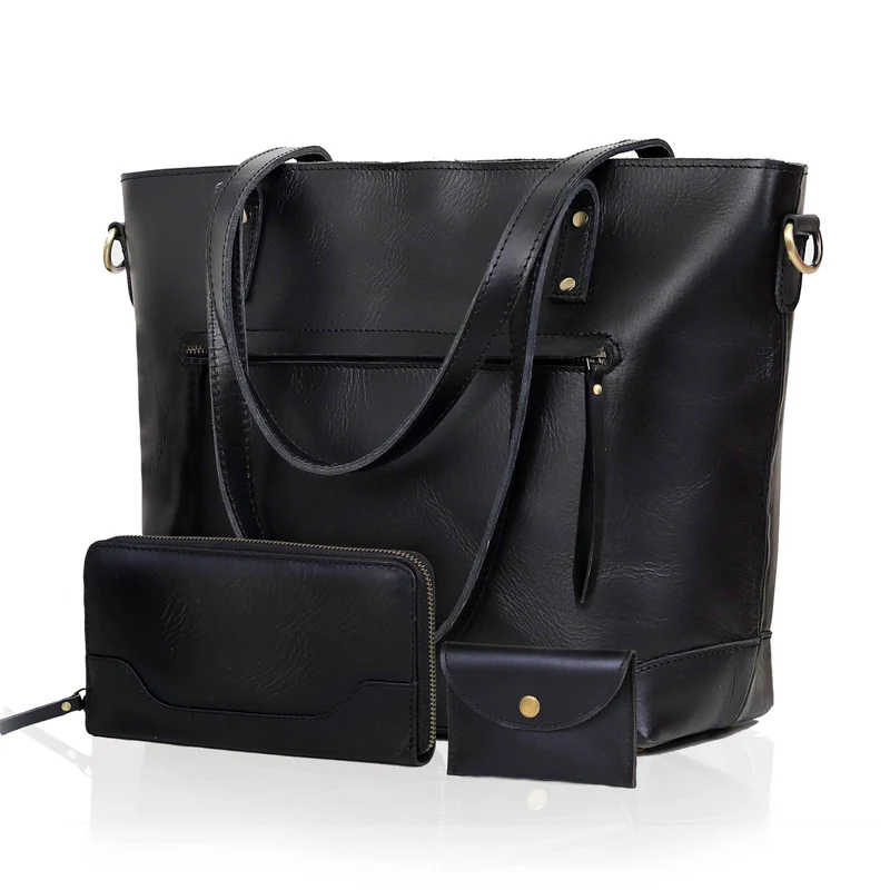Portland Buffalo Leather Tote Bag Combo - Black