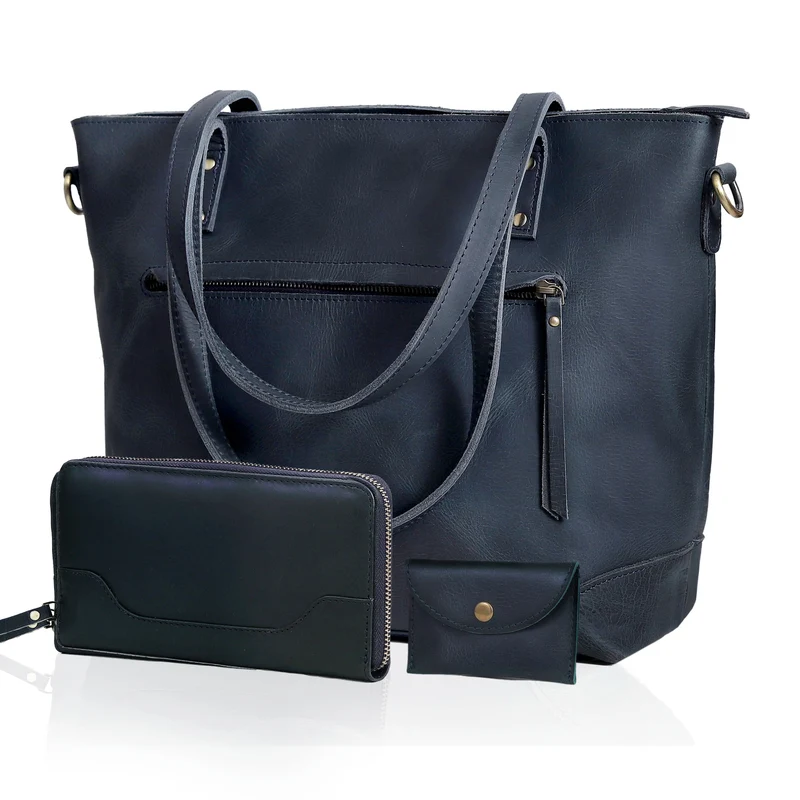 Portland Buffalo Leather Tote Bag Combo - Navy